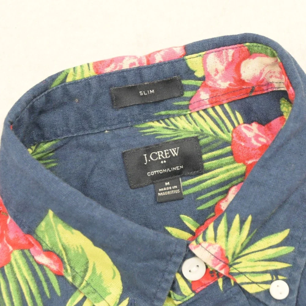 J.Crew Button Up Short Sleeve Shirt Mens M Slim Blue Floral Cotton Linen E8666